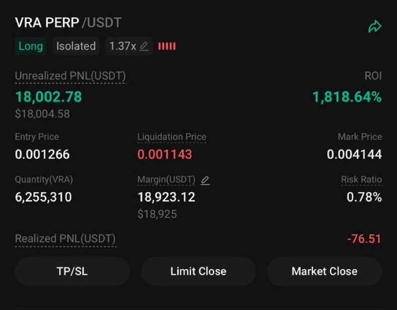kazamsalo's tweet image. My short position on kucoin #vra #verasity