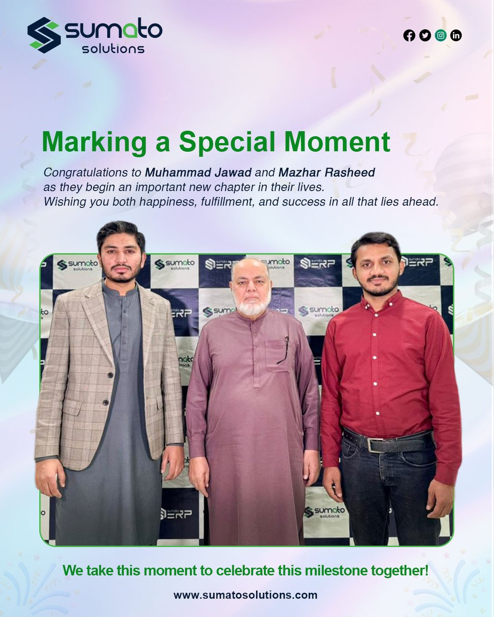 SumatoSolutions's tweet image. A wholesome moment for our 𝗦𝘂𝗺𝗮𝘁𝗼 family!

Congratulations to Muhammad Jawad and Mazhar Rasheed on starting a beautiful new chapter in life. Wishing them blessings, joy, and lifelong happiness.

#SumatoFamily #TeamCelebration #Congratulations #WorkFamily #LifeMilestones