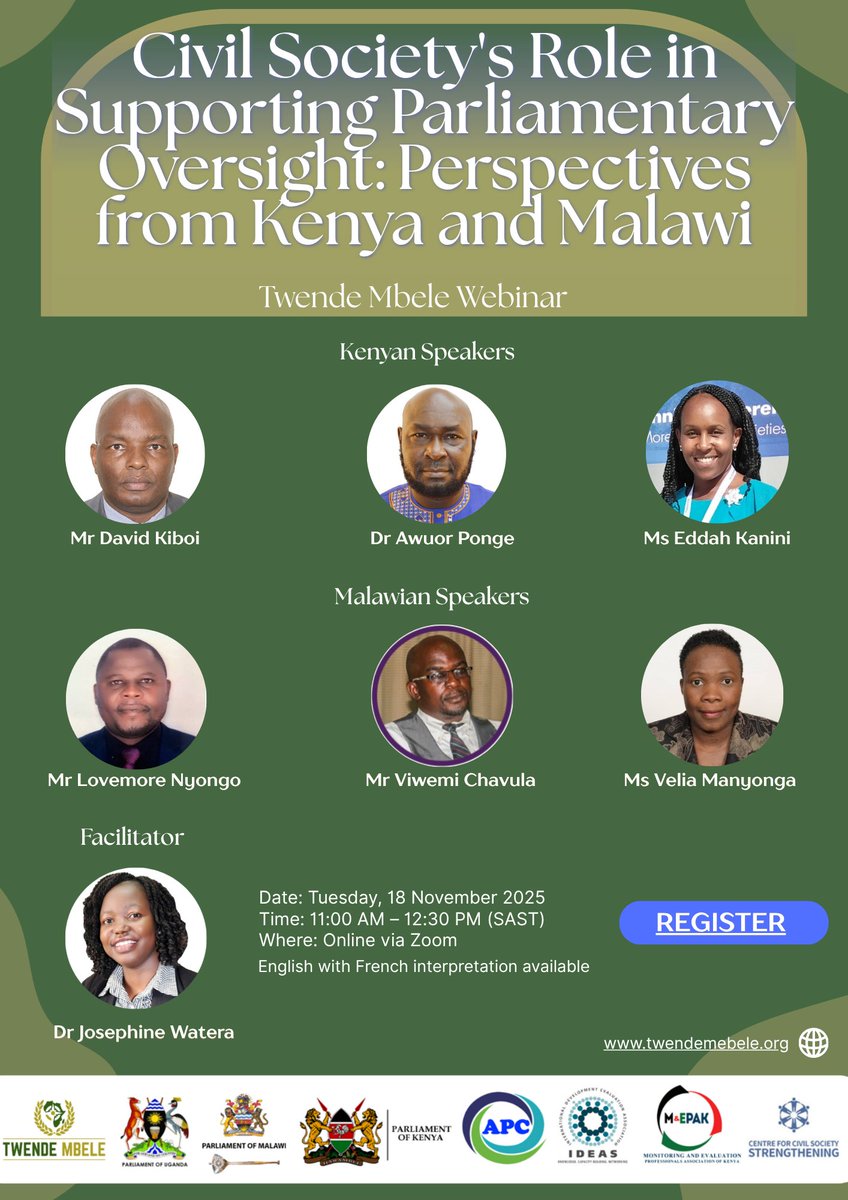 Registration is still open for tomorrow's webinar: "Civil Society's Role in Supporting Parliamentary Oversight: Perspectives from Kenya and Malawi."

Date: November 18, 2025  
Time: 11:00 AM (SAST)

Description: Explore how partnerships between civil society organisations and…