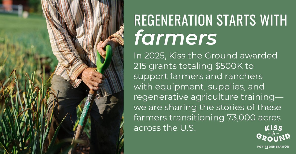kissthegroundCA's tweet image. In 2025, Kiss the Ground awarded 215 grants directly to farmers and ranchers who are making the transition to regenerative agriculture across the U.S. 

Every $100 helps us inspire and catalyze the transition of 10 acres of U.S. farmland.  

Give today: kisstheground.com/impact/