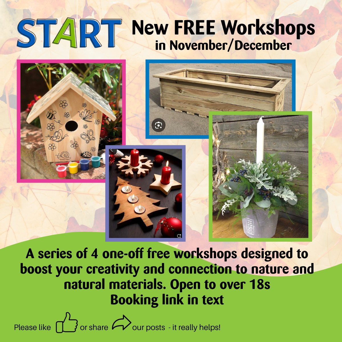 STARTinspminds's tweet image. FREE Workshops 

Five, free sessions to boost your creativity &amp;amp; connection to nature:
⦁Bird boxes 
⦁garden planters
⦁candle holders
⦁table centrepieces

18+ no referral needed

Tuesday mornings at START, 9:30-12am in Nov and Dec from Tues 18th Nov

eventbrite.com/cc/free-winter…