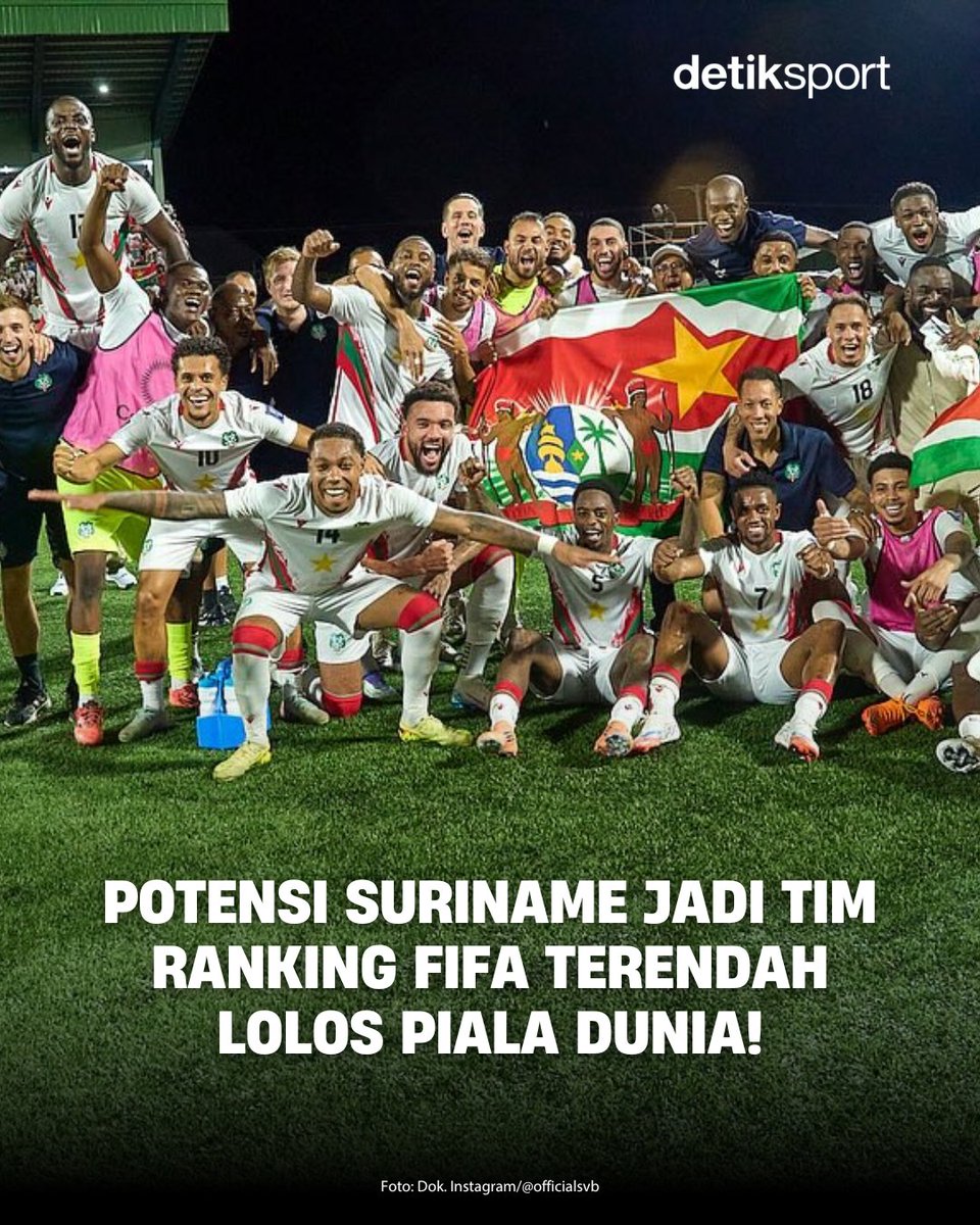 detiksport's tweet photo. Suriname yang saat ini menempati peringkat 126 dunia dalam ranking FIFA Oktober 2025, empat tingkat di bawah Indonesia (122), tinggal selangkah lagi menuju debut di Piala Dunia 🇸🇷⁣
⁣
Jika berhasil menang pada laga terakhir melawan Guatemala, Suriname akan mencetak rekor sebagai tim berperingkat FIFA terendah yang tampil di ajang sepakbola terbesar dunia tersebut 👏🏼⁣

>> https://t.co/H7krnOqsVA
⁣
#Suriname #WC2026 #detiksport