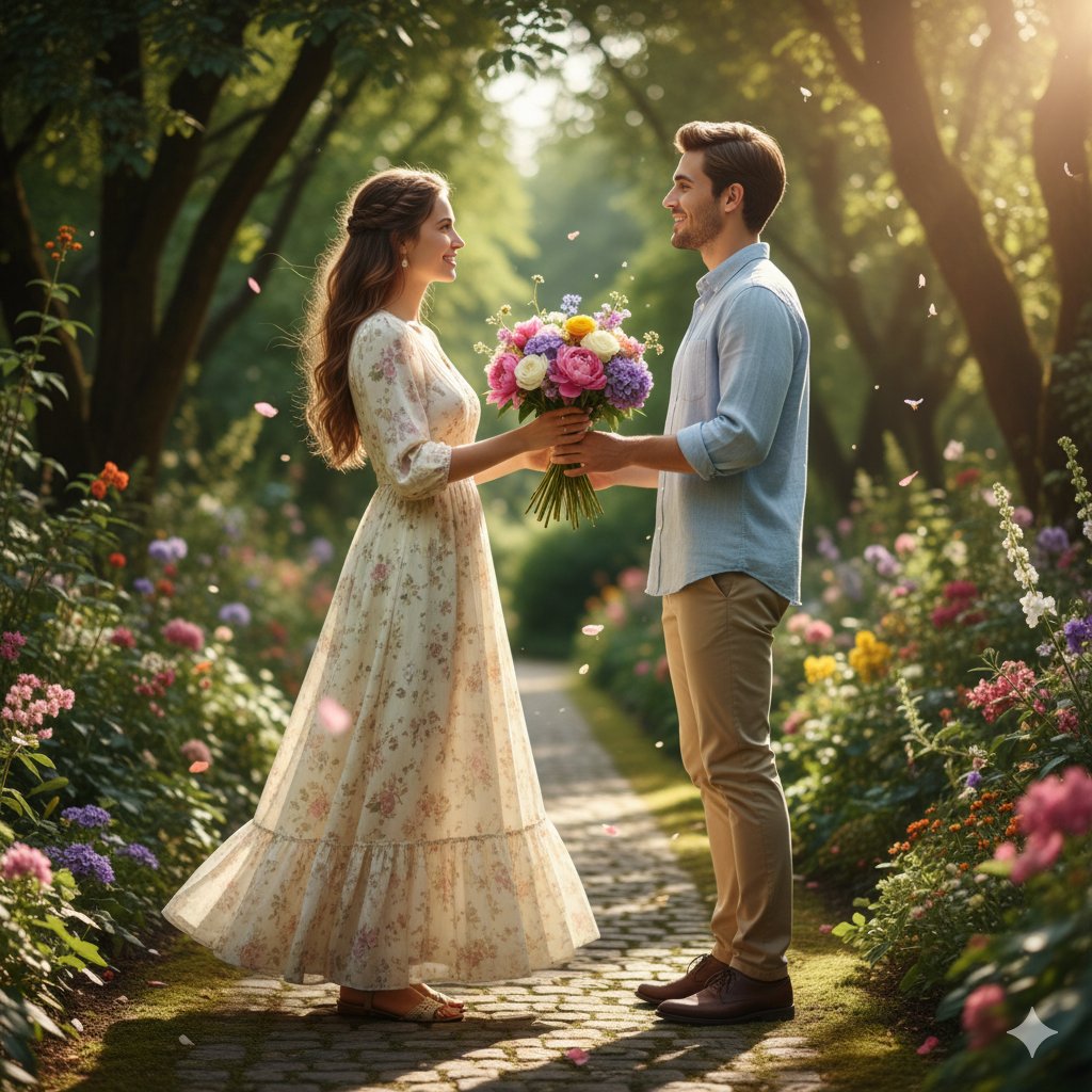 Aria_Techl's tweet photo. A Moment of Bloom: Romantic Gesture in a Sunlit Garden

Prompt ⤵️ 

Create a hyper-realistic, cinematic scene of a beautiful young woman giving flowers to a young man in a serene outdoor setting during the daytime. She is dressed in stylish, contemporary clothing, featuring soft, flowing fabrics, elegant textures, and subtle colors that complement the vibrant natural surroundings. Her hair is perfectly styled or gently flowing in the breeze, and her expression radiates warmth, affection, and a tender smile as she extends a colorful bouquet toward him. The young man, casually yet stylishly dressed, is slightly surprised, his eyes softening into a grateful smile as he reaches out to accept the flowers, capturing a genuine moment of emotional connection between them. The environment is lush and immersive, with vibrant greenery, flowering plants, soft grass underfoot, and perhaps a cobblestone or garden pathway. Sunlight filters through trees, creating delicate dappled shadows, gentle lens flares, and a golden glow that highlights the characters’ features and the intricate details of the bouquet. Petals may drift slightly in the breeze, adding a sense of movement and life to the scene. The composition focuses on their interaction while also emphasizing the surrounding environment, from the textures of the flowers and clothing to the play of light on leaves and ground. Every detail is rendered ultra-realistically, including skin textures, fabric folds, hair strands, and natural lighting effects. The scene conveys romance, warmth, and intimacy, making it cinematic, emotionally engaging, and visually stunning.