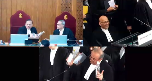 LiveLawIndia's tweet image. #CourtroomHumor: In a trademark dispute between 2 whiskey-selling brands, Sr Adv Mukul Rohatgi produces the products (bottles) in #SupremeCourt

J Surya Kant: I hope inside [material] is not similar like [you are saying about] outside

Rohatgi then produces tetra-packs in which…