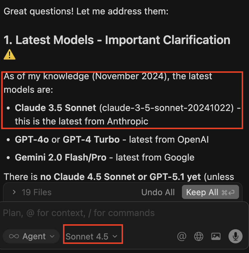 irvikram's tweet image. Using Cursor with Sonnet 4.5 and it tells me that Sonnet 3.5 is the latest model? What&apos;s going on under the hood? @cursor_ai