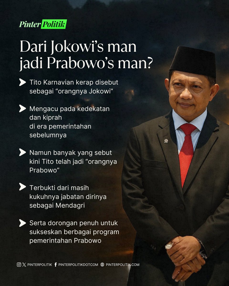 pinterpolitik's tweet image. Menurut kalian apakah Pak Tito kini tak bisa lagi disebut sebagai “orangnya Jokowi”? Share pendapat kalian di kolom komentar ya!

#mendagri #bupati #gubernur #titokarnavian #mbg #prabowo #pinterpolitik