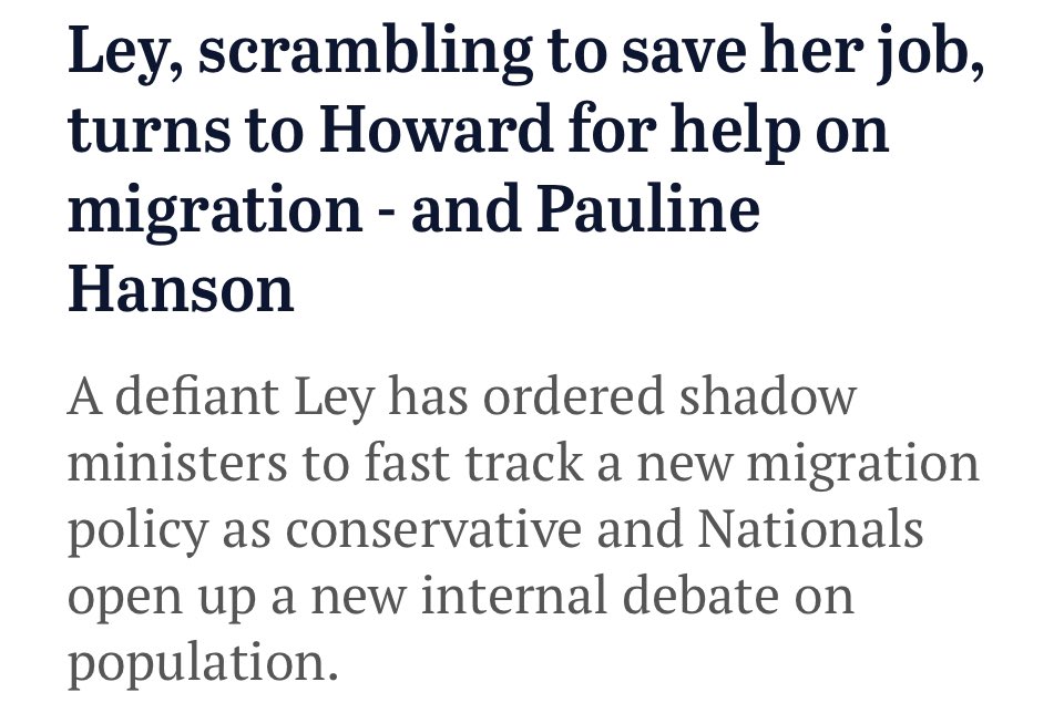 adamnicotera's tweet image. Sussan Ley has tapped John Howard for advice on countering Pauline Hanson’s surging populist party as Ley scrambles to tighten her tenuous grip on the leadership by exploiting anxiety over the rate of migration.

#auspol #Libspill #Libsplit