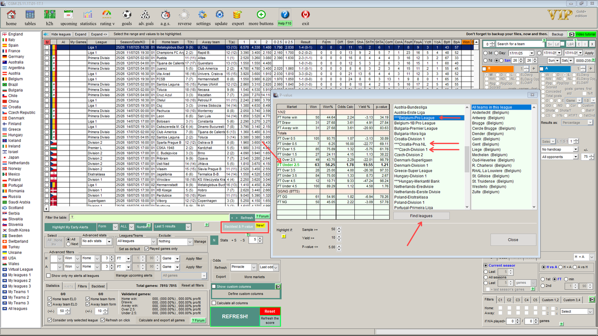 Cgmbet's tweet photo. OK, I admit that this time I went too far, giving all served, with minimum effort on your side.  😀
Just one button to find the efficient leagues within your "strategy", based on your sample, yield, and p-value.
Bad news: they are hard to find...

Be sure you understand p-value! https://t.co/h6vu13vCNv