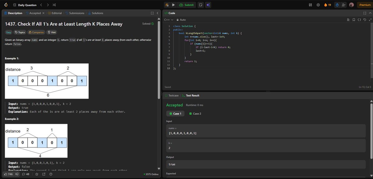 Anurags44798025's tweet image. Day 108, solved LeetCode 1437: Check If All 1s Are at Least K Apart
#LeetCode #Coding #Cplusplus #DSA #DailyCoding #TechPrep #CodingLife #InterviewPrep
