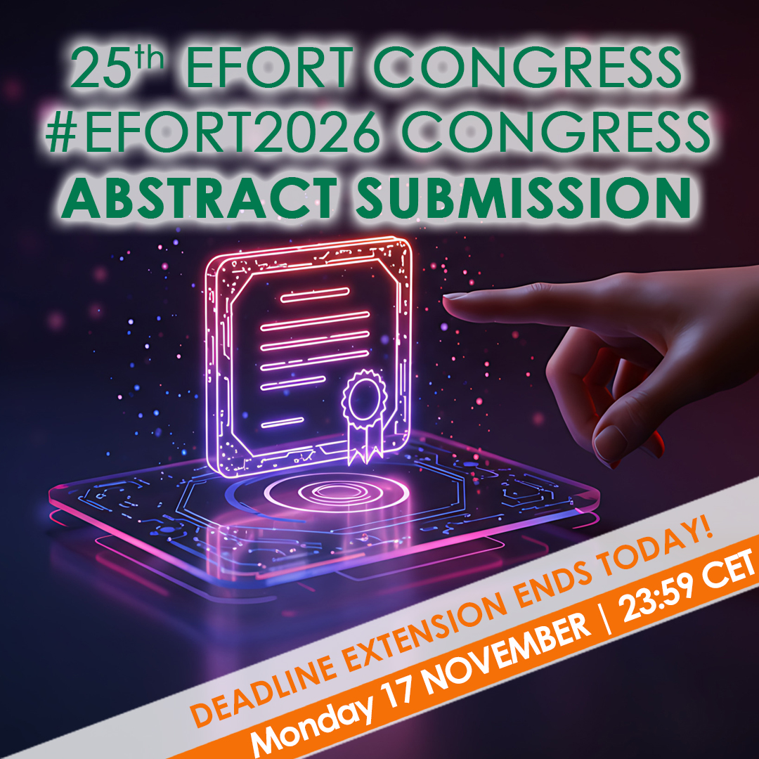 EFORTnet's tweet image. This time we are... ⚠️⏳The final #ExtendedDeadline to submit your #Abstracts for #EFORT2026 is today!

👉 You still have time to submit your work until today Monday 17NOV at 23:59 CET

❗ This is your last chance! ⏰ ⬇️
🔗 scientific.efort.org/efort2026

#Orthopaedics #Trauma #EFORT