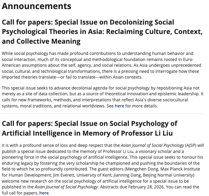 AASP_AJSP's tweet photo. Calling for papers for special issues on #AJSP
(1)Decolonizing Social Psychological Theories in Asia: Reclaiming Culture, Context, and Collective Meaning
https://t.co/puzufbiKTl
(2)Social Psychology of Artificial Intelligence in Memory of Professor Li Liu
https://t.co/gO00K7BDpr https://t.co/lC3lrBD0RZ