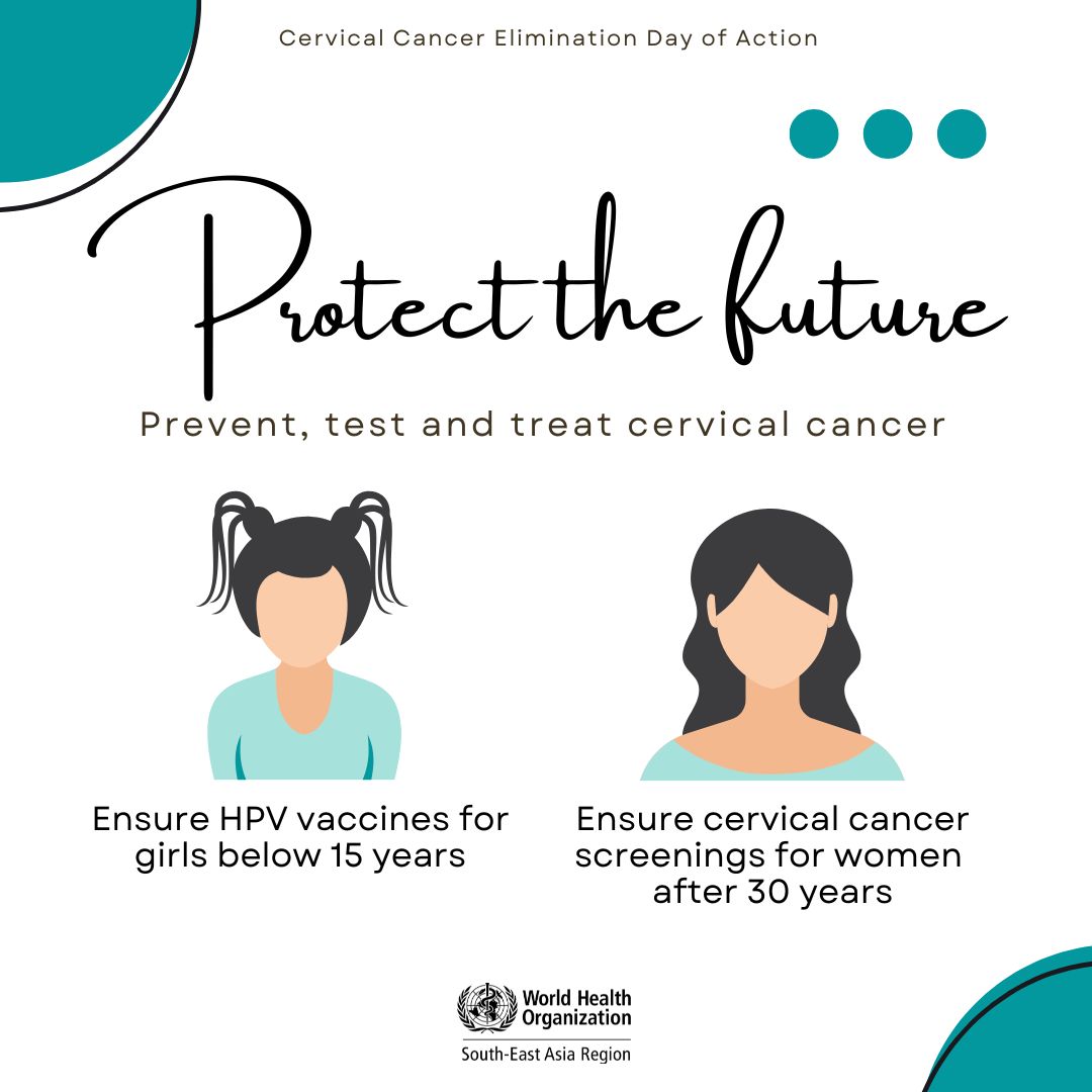 WHOSEARO's tweet image. Today is World Cervical Cancer Elimination Day of Action.

Together, we can protect the future.

💙 Ensure HPV vaccination for girls under 15
💙 Ensure regular cervical cancer screening for women over 30

#CervicalCancer #CervicalCancerElimination #HPV #HPVVaccination