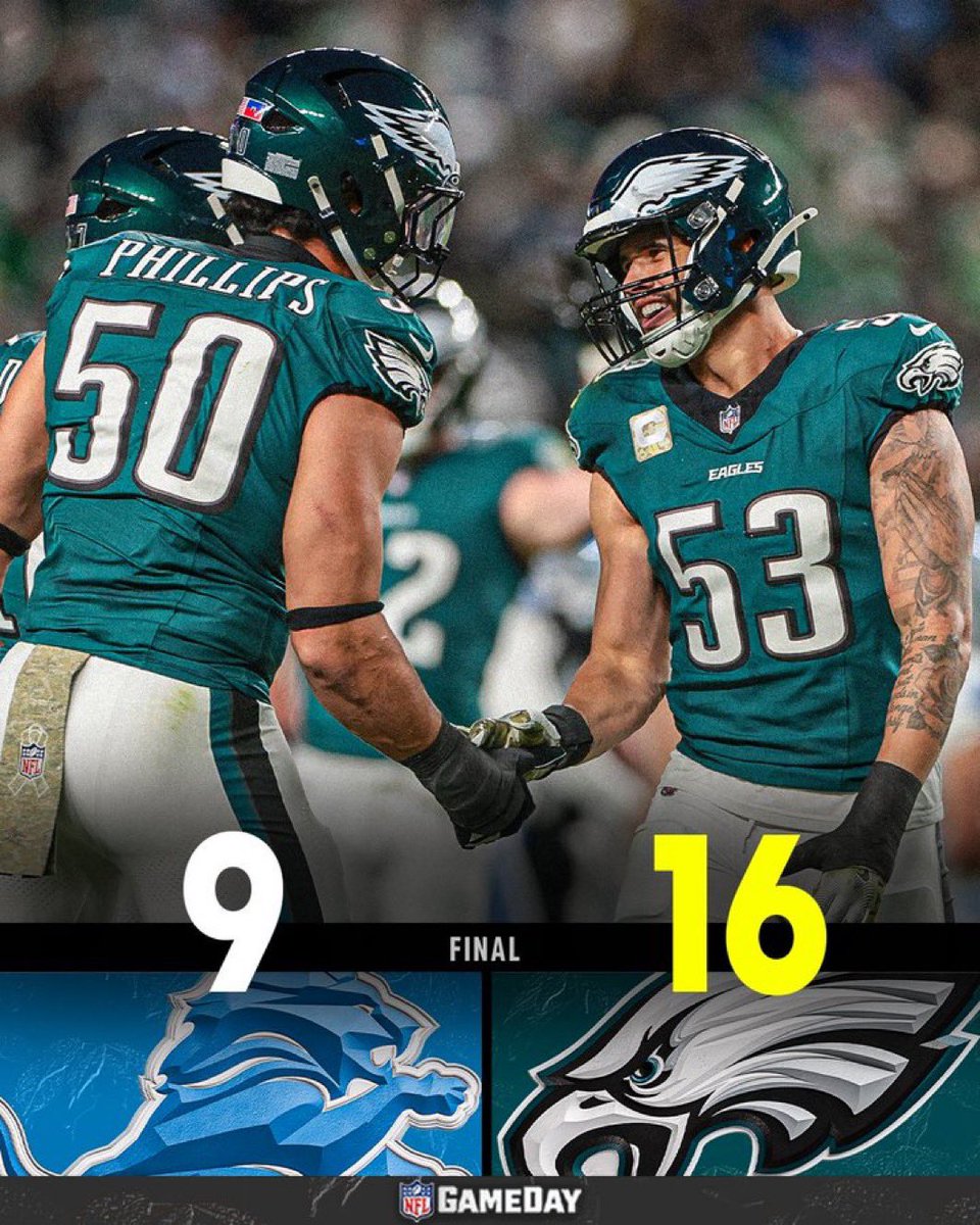 EAGLES 🦅 (8-2) BEAT LIONS 🦁 (6-4)
#FlyEaglesFly 16 #OnePride 9
* Net Yds #PHI 272 #DET 317
* Rush Yds #PHI 148 (3.7) #DET 74 (3.5)
* TO #PHI 0 #DET 1
* 3D/4D #PHI 4-15/0-1 #DET 3-13/0-5
* TOP #PHI 35.48 #DET 24.12
MVP: #Eagles D: INT, 2 SK, 7 QH,  3 TFL, 10 PD, 5 Batted Pass