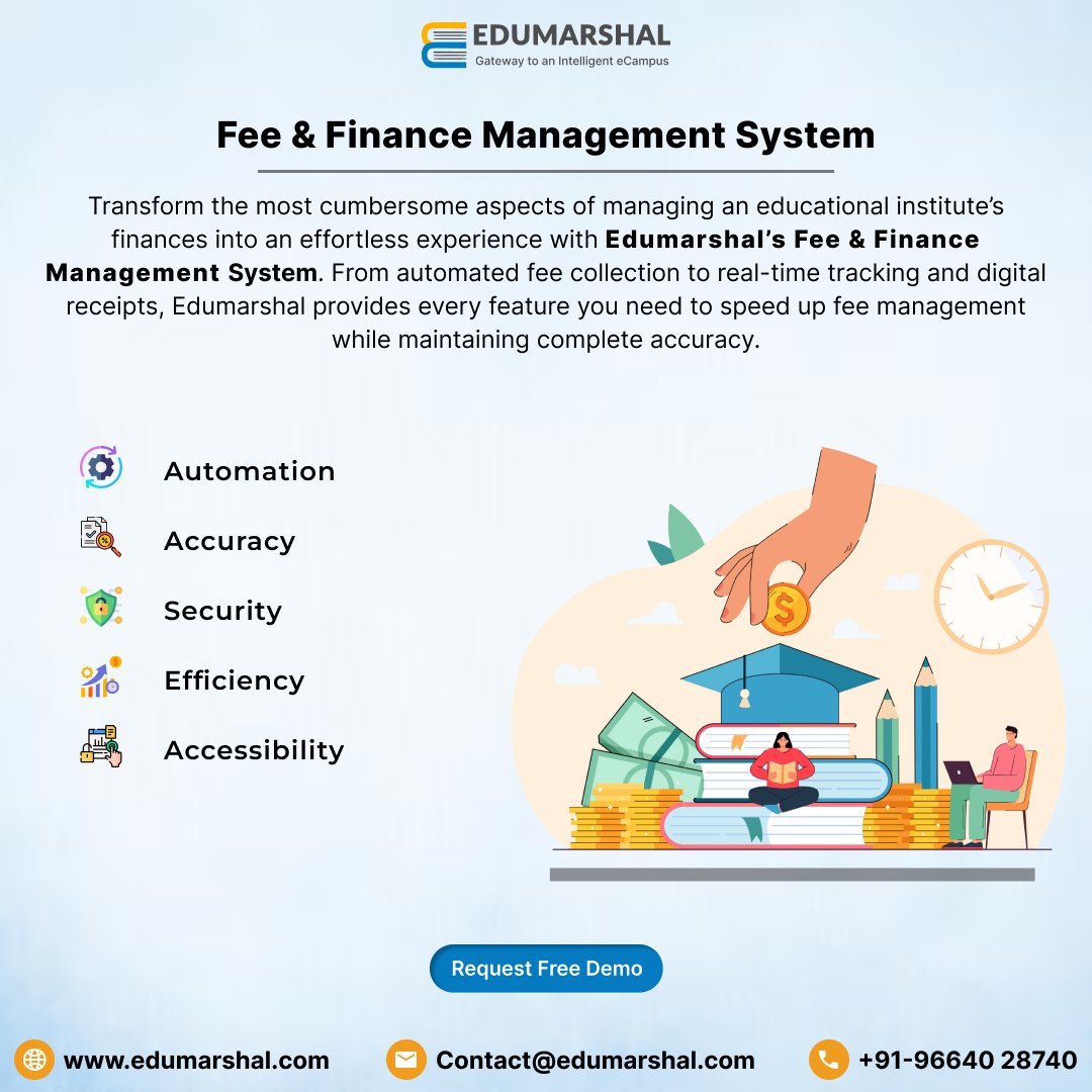 EdumarshalERP's tweet image. Streamline Finances with Edumarshal’s Fee &amp;amp; Finance Management System!
-&amp;gt; Automation
-&amp;gt; Accuracy
-&amp;gt; Security
-&amp;gt; Efficiency
-&amp;gt; Accessibility

Request Your Free Demo Today!
edumarshal.com | +91-96640 28740

#FeeManagementSystem #SchoolERP #CollegeERP #Edumarshal #Edtech