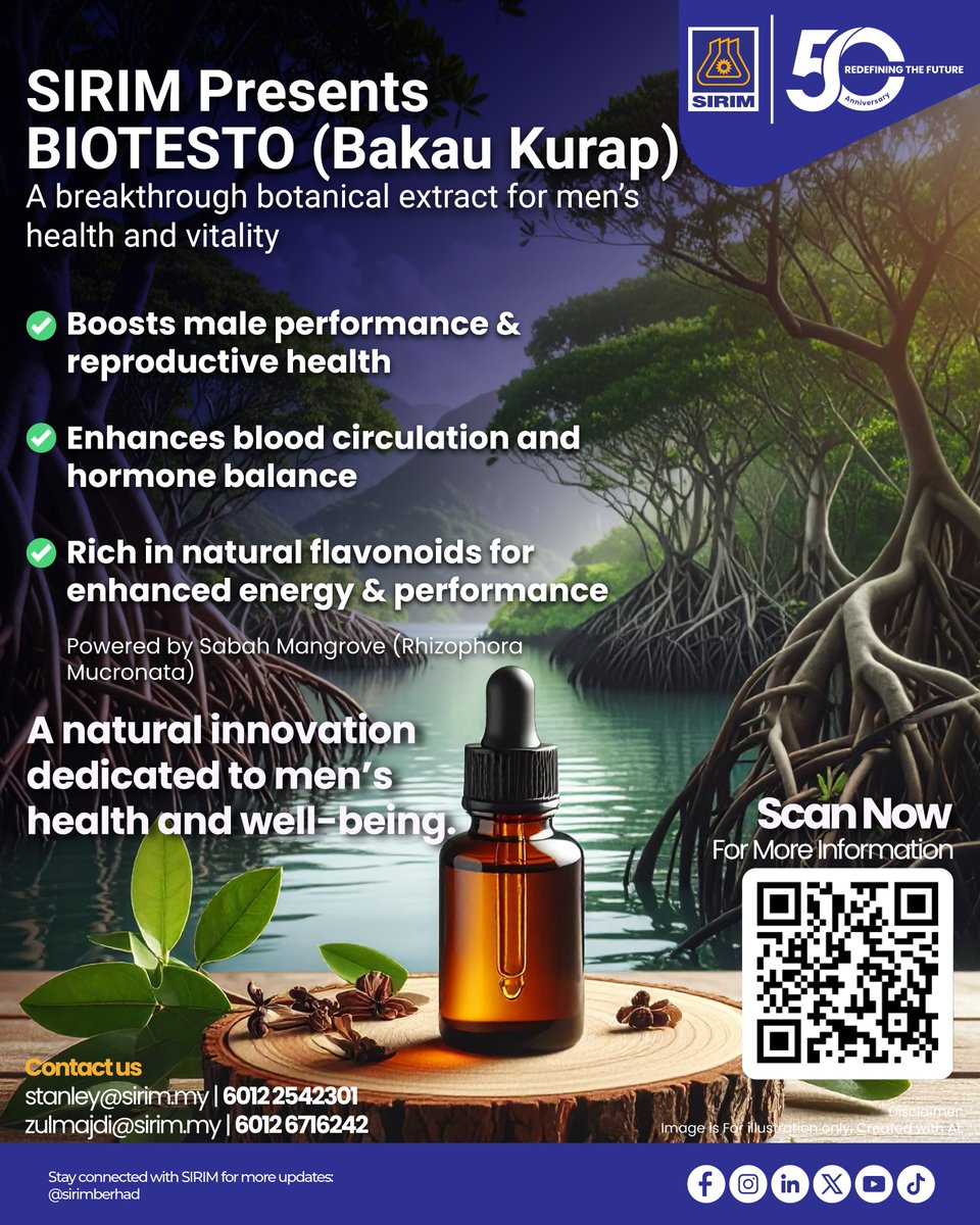 Revitalise men’s health with BIOTESTO by SIRIM.

Made from Sabah Mangrove extract, it naturally supports vitality, improves circulation and balances hormones.

✅ Enhances performance
✅ Boosts energy
✅ Rich in flavonoids

Contact: sofia@sirim.my | ainun@sirim.my
#SIRIM