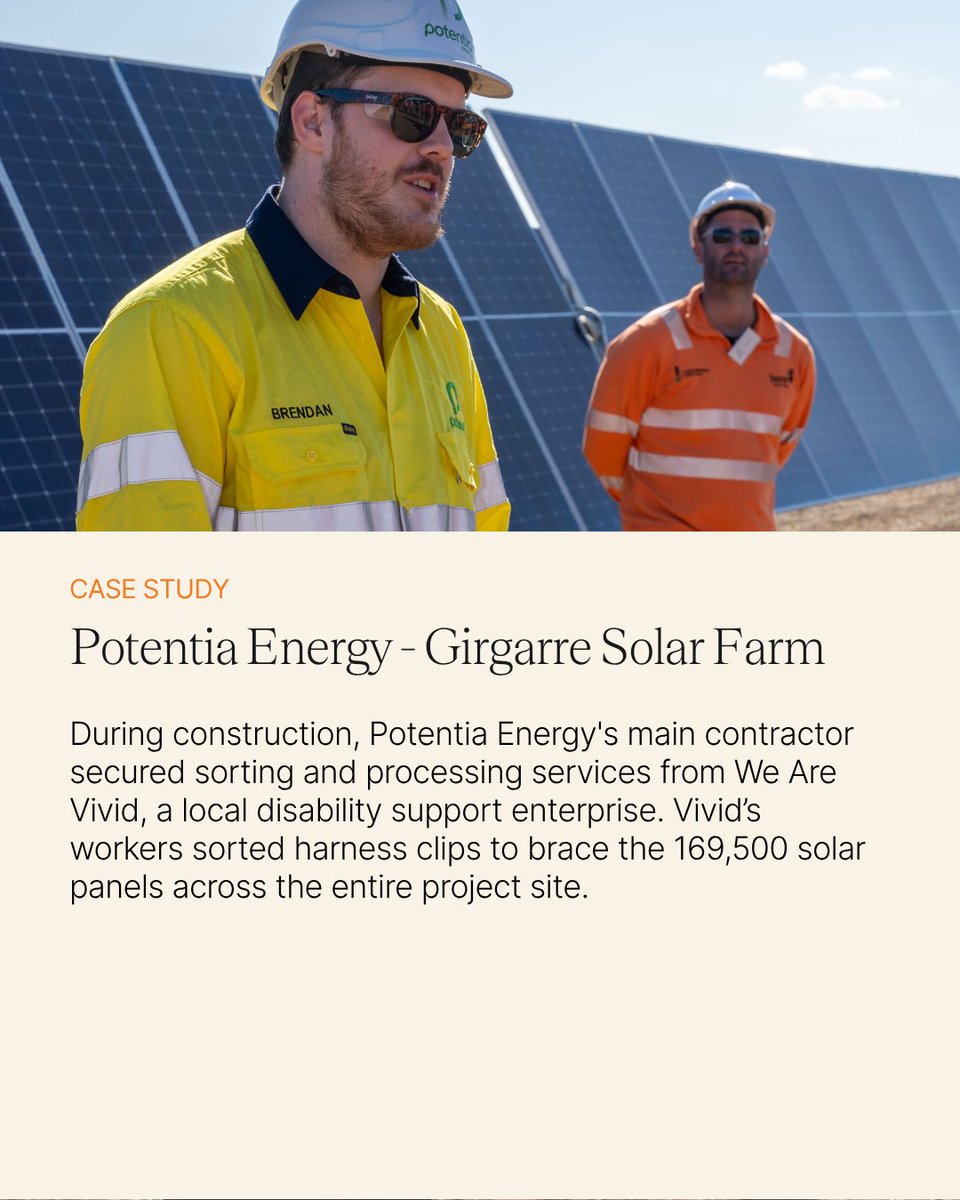 cleannrgcouncil's tweet photo. 🤝In constructing the Girgarre Solar Farm in Victoria, Potentia Energy’s main contractor hired We Are Vivid, a local disability support enterprise, to sort the harness clips needed to brace 169,500 solar panels on the project (4/5) https://t.co/M0MLzvPVn7