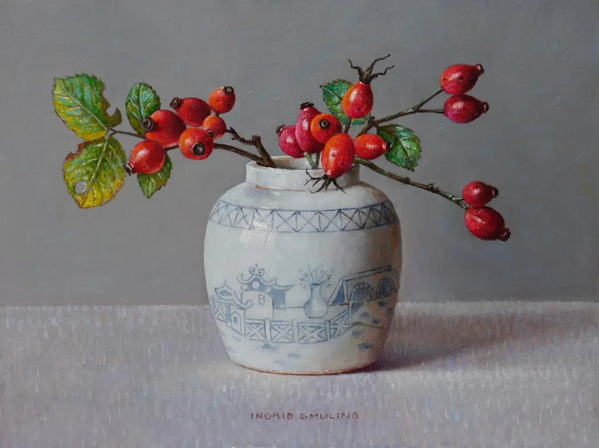 JanetHollister8's tweet image. Rose Hips in White Ginger Jar, by Ingrid Smuling.