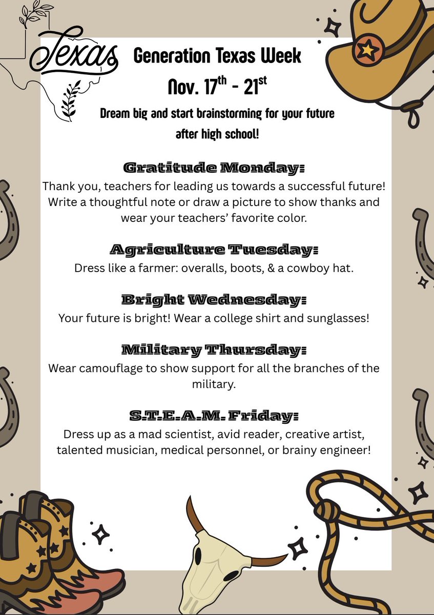 FBISDCounselors's tweet photo. It’s Generation Texas Week this week! We cannot wait to see our students dressing the part &amp; talking about their post secondary goals! @FortBendISD @FBISDWholeChild https://t.co/eMUPxxLwvl