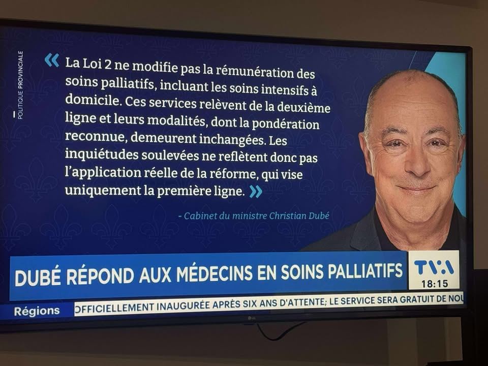 Math_Bernier's tweet image. Après avoir confondu les radio-oncologues avec les radiologistes, puis les cardiologues avec les chirurgiens cardiaques, Christian Dubé dit maintenant que les soins palliatifs sont en deuxième ligne.

Correction: les soins palliatifs sont majoritairement prodigués par les…