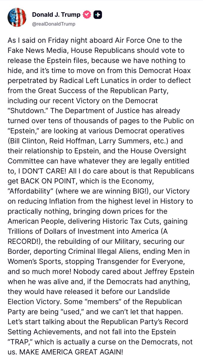 GuntherEagleman's tweet image. BREAKING! Trump just posted! 

🚨🚨🚨 “house Republicans should vote to release the Epstein files, because we have nothing to hide” - Trump