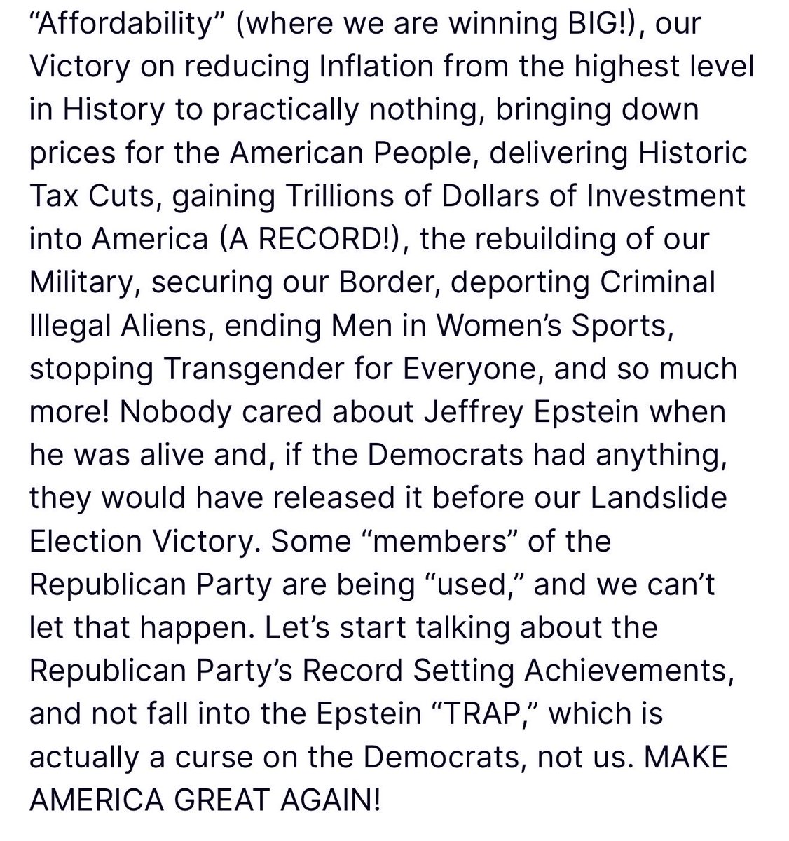 JamesBlairUSA's tweet image. 🚨Statement from the President🚨

Republicans should vote to release the Epstein files.  

Look further into all the Democrats associated with him. 

And get back to focusing on what’s most important:  

the economy and restoring affordability for Americans.
