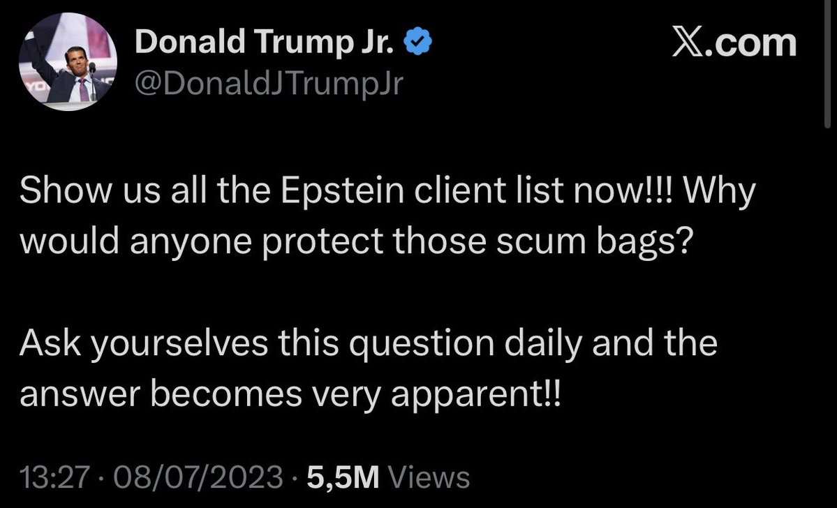 goddeketal's tweet image. I totally agree with @tedcruz and @DonaldJTrumpJr. We absolutely need the Epstein files released.

“Why would anyone protect those scumbags?”

“Why are Democrats covering up this information?”

Great questions.

This is going to be an entertaining week.