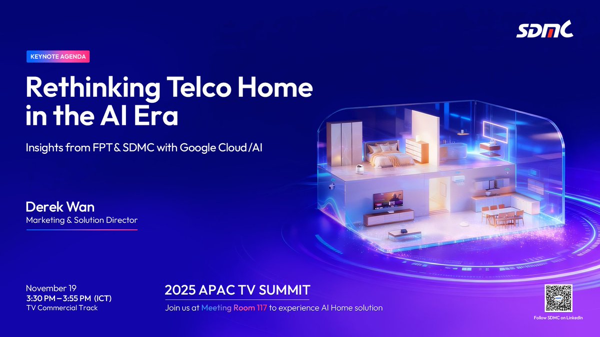 sdmctech's tweet image. #APACTVSummit is just around the corner!

We&apos;re thrilled to share that Derek Wan, Marketing &amp;amp; Solution Director of SDMC, will take the stage to deliver a session.

📅Nov 19, 2025
🕒3:30 PM - 3:55 PM (ICT)

Schedule a meeting now: en.sdmctech.com/contact-us/ser…

#APACTVSummit2025 #SDMC