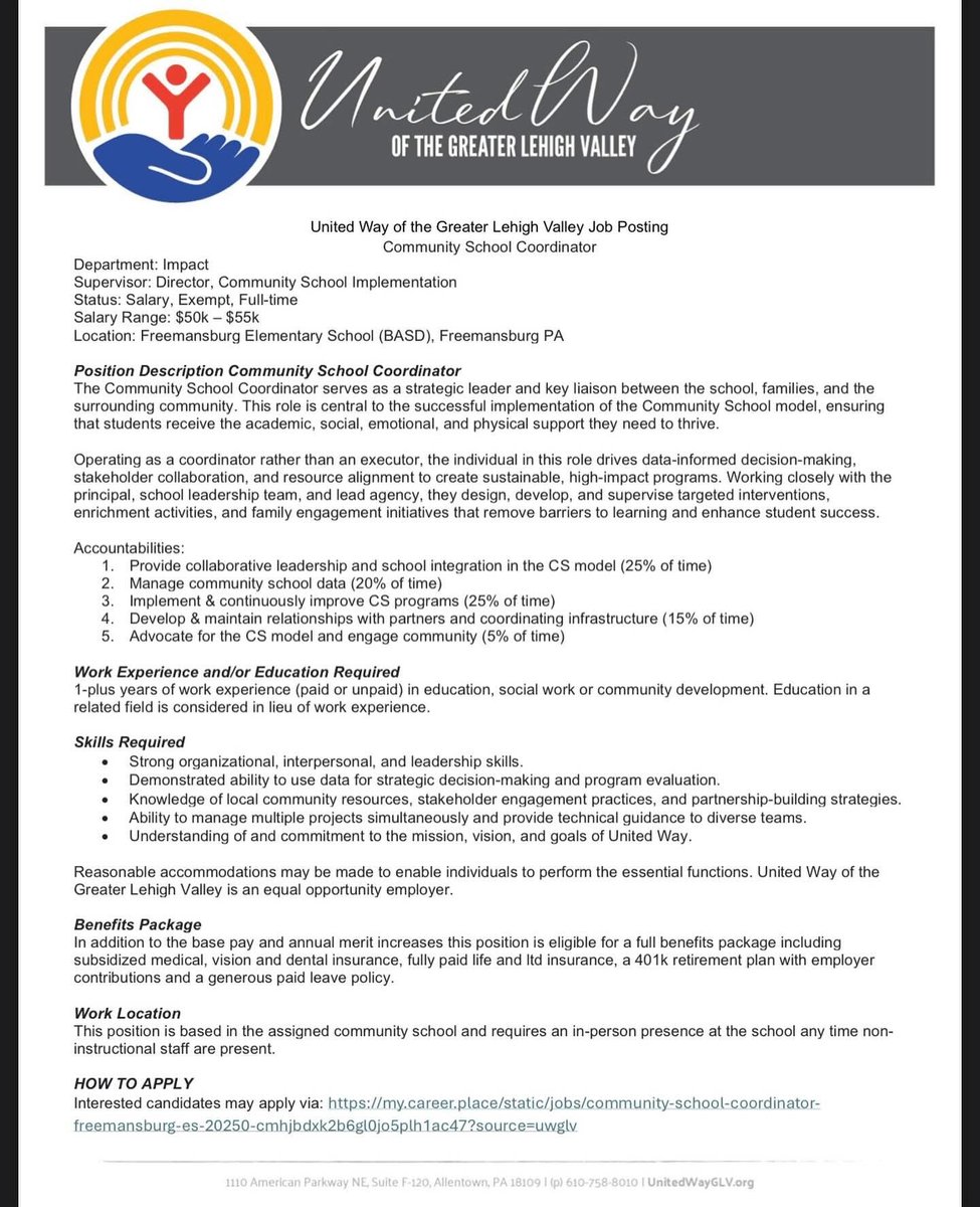 basdjacksilva's tweet image. Wanted: Passionate advocate for students and families to serve as Community School Coordinator at Freemansburg Elementary. @BASDFmanburg @BethlehemAreaSD @UnitedWayGLV #BASDcommunity