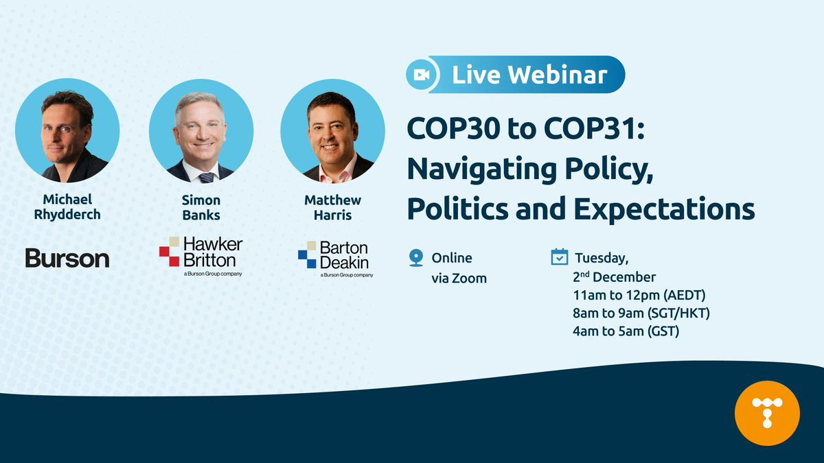 Join Simon Banks, Michael Rhydderch (Burson) and Matthew Harris (Barton Deakin Government Relations) for an important discussion on COP30 to COP31: Navigating Policy, Politics and Expectations. 

linkedin.com/feed/update/ur…