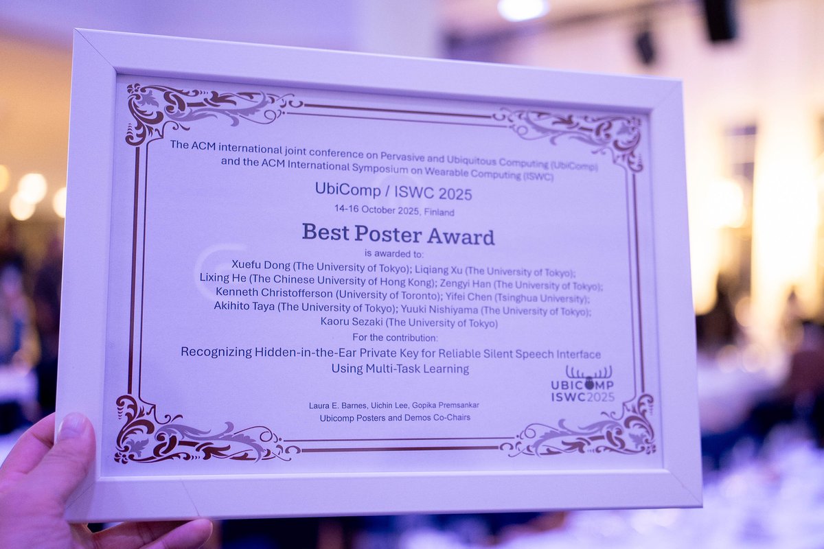 🎉UbiComp 2025でBest Poster Awardを受賞しました！
董研究員、西山准教授、瀬崎教授らの研究です。
👉詳細はこちら: csis.u-tokyo.ac.jp/news/ubicomp_b…
🔗 linktr.ee/CSISut
#CSIS_UTokyo #UbiComp2025