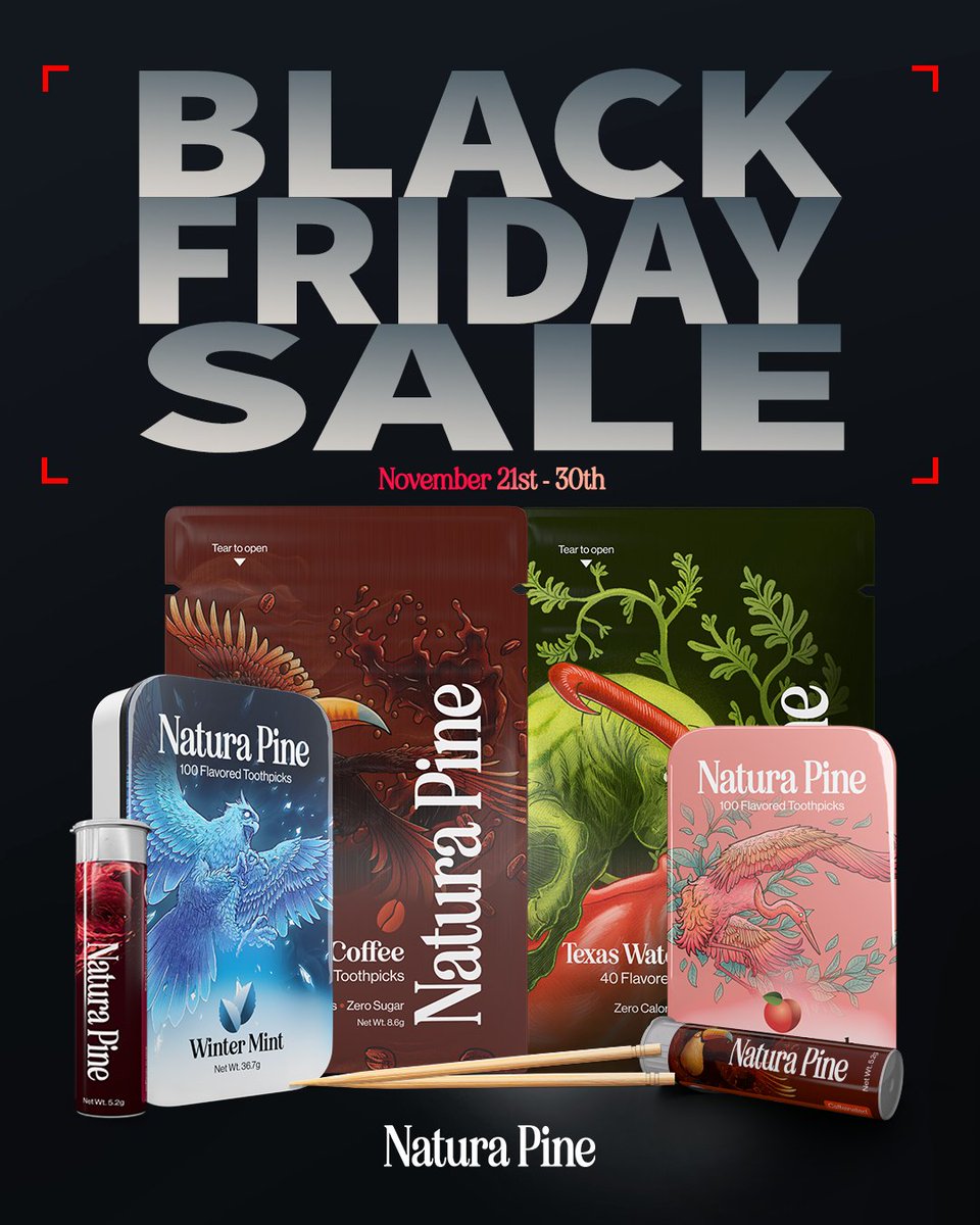 NaturaPine's tweet image. Black Friday starts early at Natura Pine! 🌲

From Nov 21–30, stock up on your favorite flavored toothpicks❄️☕🍉🍑 🔥

Limited time. Limited stock. Unlimited flavor.
🛒naturapine.com