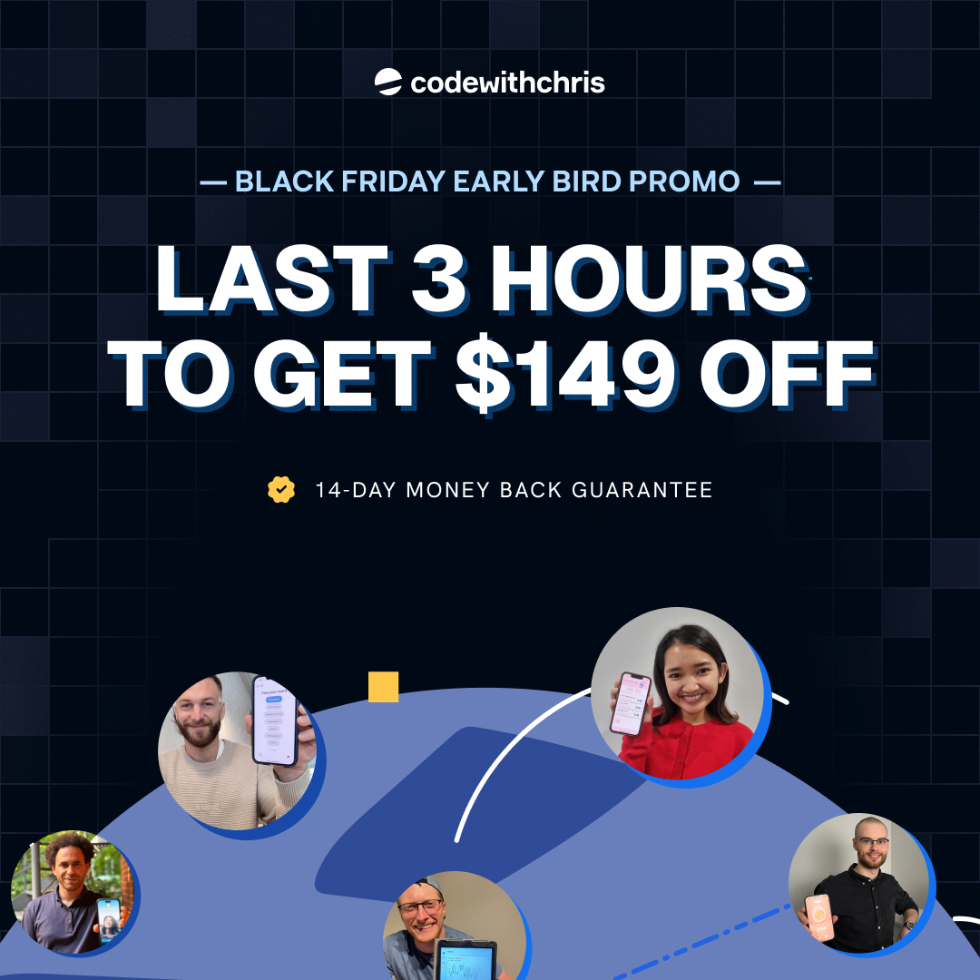 CodeWithChris's tweet image. Hey folks!

The early bird period for our Black Friday sale will end in 3 hours. 

This means that this is your last chance to join CWC+ at our lowest price of the year.

Join CWC+ before 11:59 PM EST tonight and get $149 OFF!

f.mtr.cool/hagtuxiewp