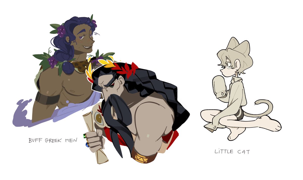 zemyata's tweet image. Due to a series of events out of my control, I’m now able to draw 2 archetypes of characters: Buff greek men and little cat boys. I shudder to think of the possibilities achievable by combining these 2 skills.