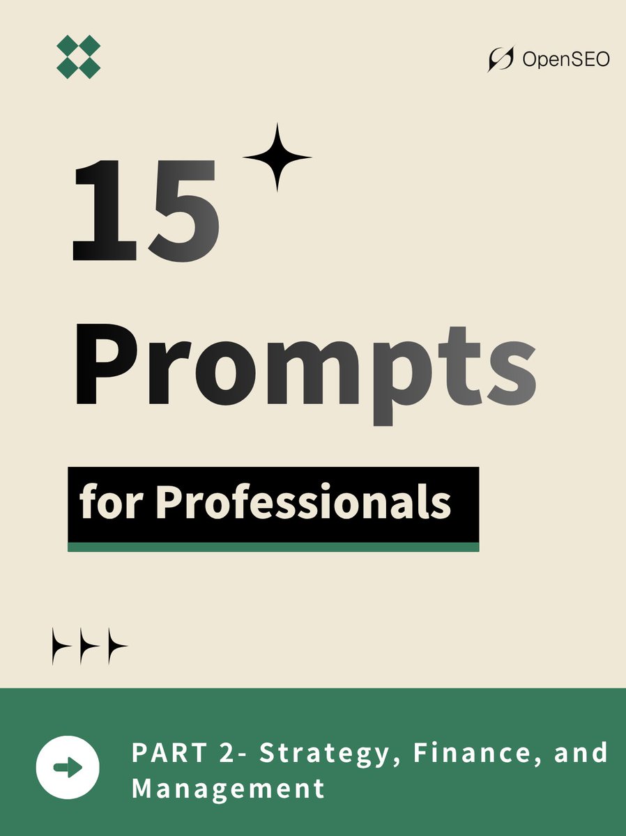 OpenSEO_global's tweet image. AI Business Prompts (Pt. 2) 💡

Use these 5 secret prompts to automate your strategy, finance, and management tasks. 🚀

#ai #prompts #businesstips #chatgpt #workhacks