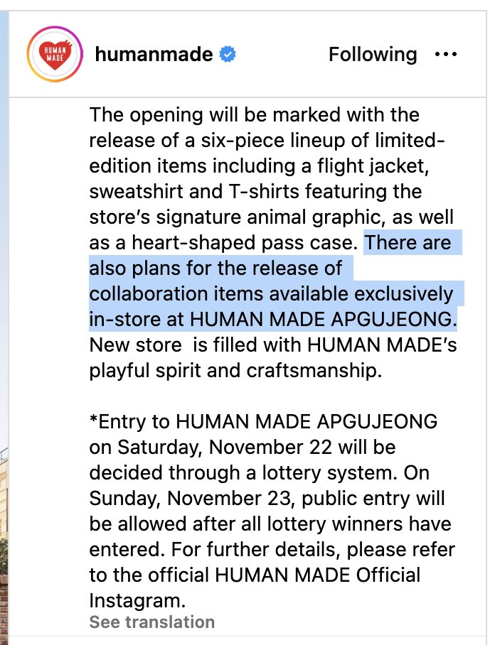 hoseokiepedia's tweet image. HUMAN MADE&apos;s caption about their store opening in Seoul says:
&quot;There are also plans for the release of collaboration items available exclusively in-store at HUMAN MADE APGUJEONG.&quot;
Source: tinyurl.com/nhhjy6ux