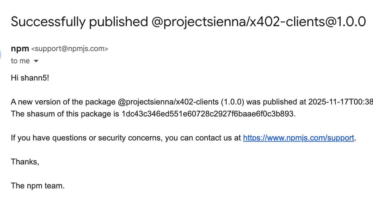 Sunday cranking at local cafe. 

And yes, we published our npm packages!!!

#X402
#onchainpayment 

<a href="/SolanaFloor/">SolanaFloor</a> <a href="/SolanaLegend/">Solana Legend 🎒</a> <a href="/buildonbase/">Base Build</a> <a href="/MonkeFoundry/">MonkeFoundry | formerly BuildWithMonkeDAO</a>
<a href="/VisaCA/">Visa Canada</a> 
<a href="/atxp_ai/">ATXP</a> 
<a href="/CoinbaseDev/">Coinbase Developer Platform🛡️</a> 
<a href="/Gradient_HQ/">Gradient</a>  
<a href="/openminedorg/">OpenMined</a>  
<a href="/merit_systems/">Merit Systems</a> 
<a href="/crossmint/">Crossmint</a>
<a href="/PayAINetwork/">PayAI Network | x402 Facilitator</a>
<a href="/Coral_Protocol/">Coral Protocol</a>