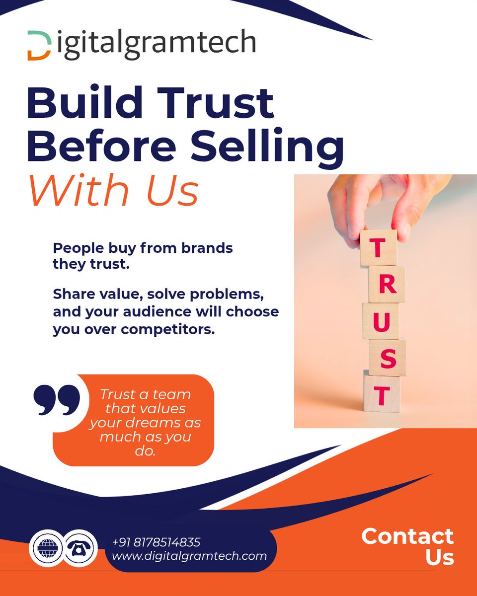 digitalgramtech's tweet image. Before you sell a product, build a connection. When trust grows, sales follow naturally. Share value, solve problems, and your audiences will choose you over your competitors.
Call us +91-8178514835 or visit digitalgramtech.com
#digitalgramtech #brand #digitalmarketing