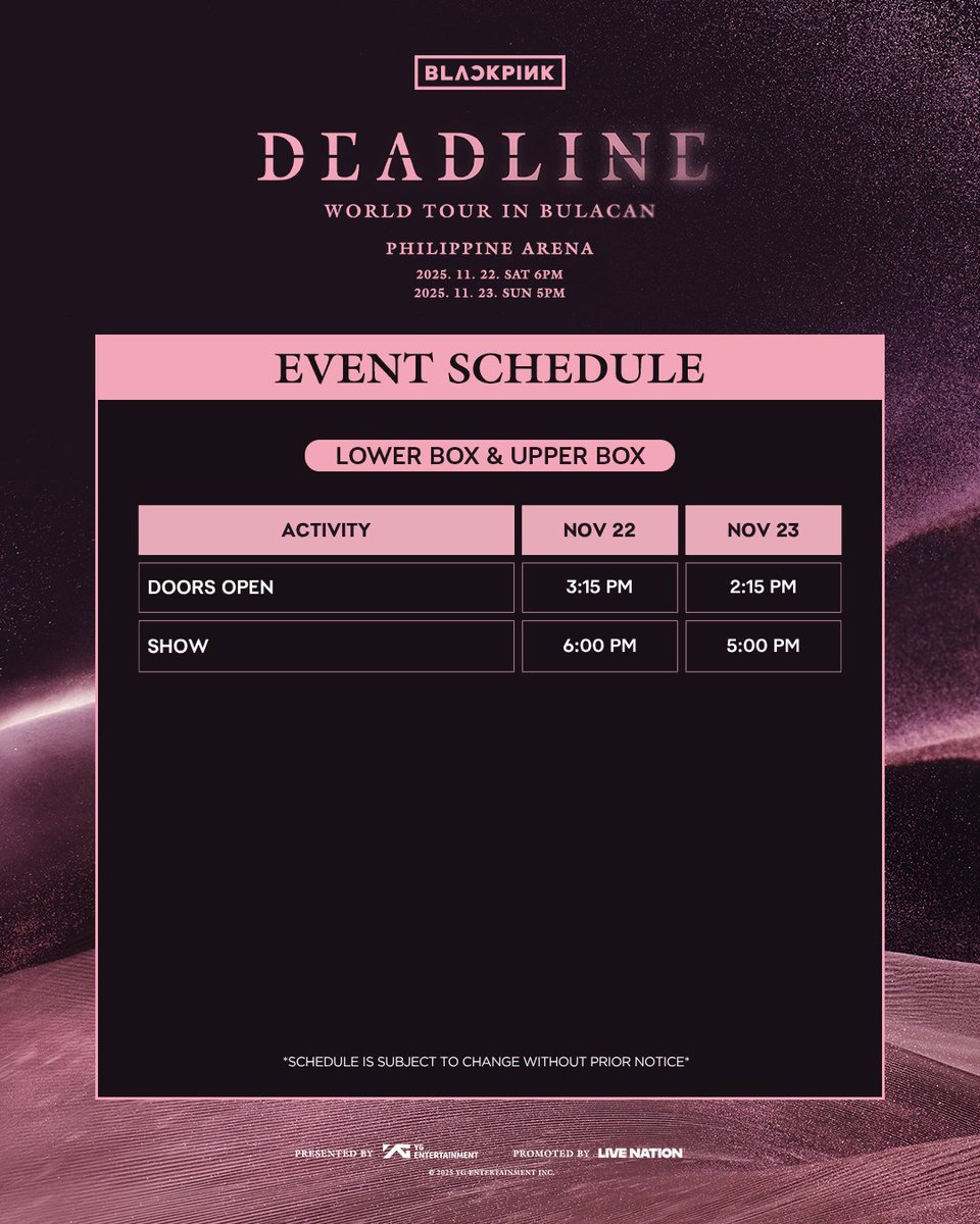 livenationph's tweet image. BLINK! 🖤🩷 Don’t forget to check the event schedule and venue maps so you’re all set for concert day!

Queuing link dropping soon 👀

Strictly no re-entry after ticket validation.

#BLACKPINK #블랙핑크 #WORLDTOUR #DEADLINE #DEADLINE_IN_BULACAN #YG