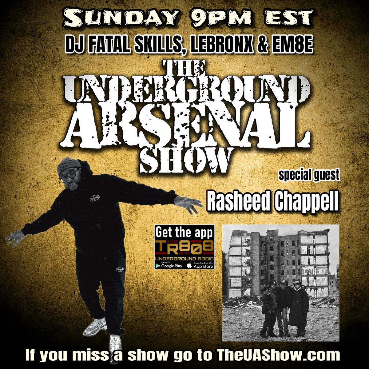 #Tunein right now!
Sunday 9pm EST
The Underground Arsenal Show w/ guest <a href="/rasheedchappell/">Rasheed Chappell</a>  
on <a href="/808_raw/">The Raw 808 Underground Radio</a> 
Get The Raw 808 app! 
If you miss a show go to TheUAShow.com
#theraw808 <a href="/FatalSkills/">DJ Fatal Skills</a> <a href="/REALLEBRONX/">Lebronx</a> <a href="/the_music_man76/">M-80</a>