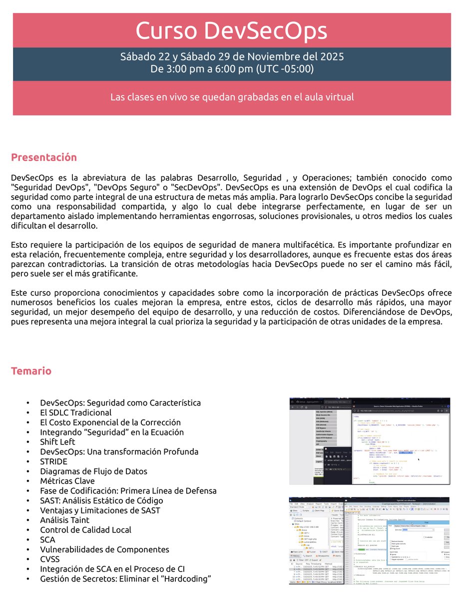 Alonso_ReYDeS's tweet image. 🎓 Anuncio Oficialmente el Curso #DevSecOps 2025 🗓️ Sábados 22 y 29 de Noviembre ⏰ De 3:00 pm a 6:00 pm (UTC -05:00) 🌎 Información: reydes.com/e/Curso_DevSec… 📲 WhatsApp: wa.me/51949304030