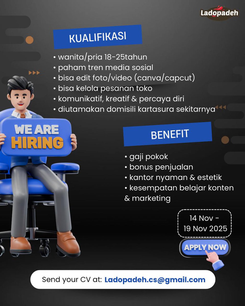 lokersoloraya's tweet image. 🔥 URGENTLY NEEDED! 🔥
Ladopadeh lagi cari Admin Toko &amp;amp; Konten Kreator 

📍Domisili: Kartasura &amp;amp; sekitarnya
📅 Periode: 14–19 November 2025
💌 Kirim CV ke: Ladopadeh.cs@gmail.com

#lokeradmin
#lokersoloraya
#lokerkontenkreator
#infolokeradmin
#lokercontentcreator
#lokersukoharjo