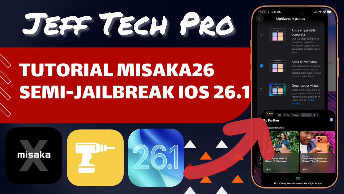 ✅ Tutorial Misaka26 Jailbreak iOS 26.1 - iPadOS en TODOS Los IPhones 🔥😮‍💨

Activa Always On Display

Soporte de Apple intelligence
Apple Pencil 
iPadTroll (Nuevo método de iPadOS) 

youtu.be/FB1vMm2LcSw?si…

Suscríbete!!

❤️Tutorial completamente en español🔥🤯
#misaka26 #ios261