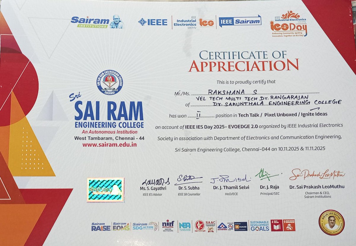 VelMultitech99's tweet image. Students Nithyasree and Rakshana S of CSE (2025–2029) secured the 2nd Prize with a cash award of Rs.1000 in the National“Ignite Ideas”contest held during IEEE IES Day 2025 at Sairam Engineering College on 11.11.2025. Their innovative presentation and teamwork earned them national