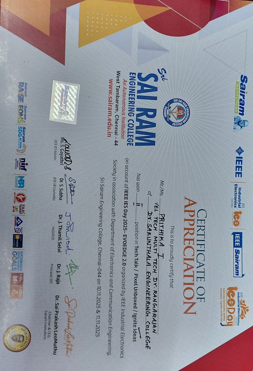 VelMultitech99's tweet image. Students Nithyasree and Rakshana S of CSE (2025–2029) secured the 2nd Prize with a cash award of Rs.1000 in the National“Ignite Ideas”contest held during IEEE IES Day 2025 at Sairam Engineering College on 11.11.2025. Their innovative presentation and teamwork earned them national