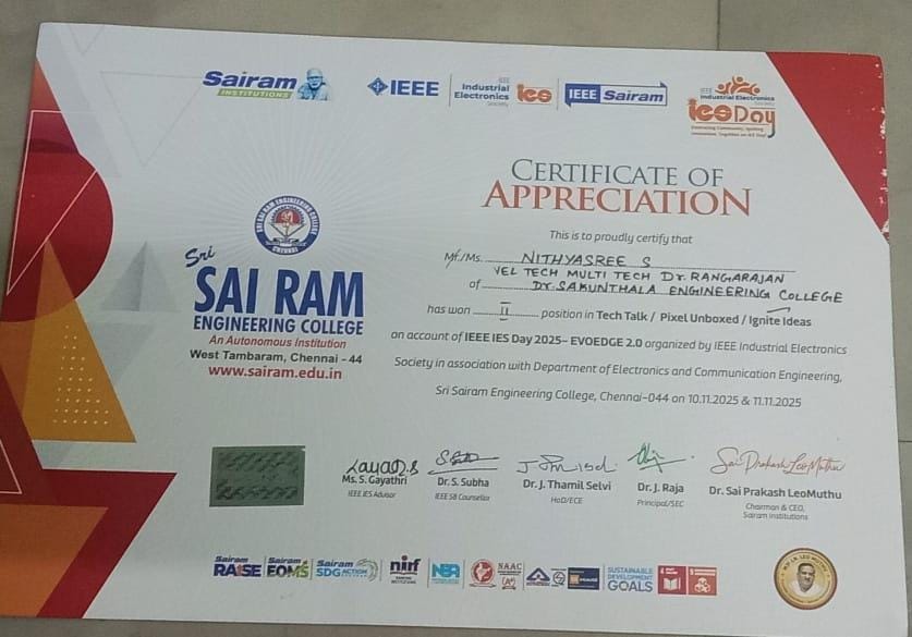 VelMultitech99's tweet image. Students Nithyasree and Rakshana S of CSE (2025–2029) secured the 2nd Prize with a cash award of Rs.1000 in the National“Ignite Ideas”contest held during IEEE IES Day 2025 at Sairam Engineering College on 11.11.2025. Their innovative presentation and teamwork earned them national
