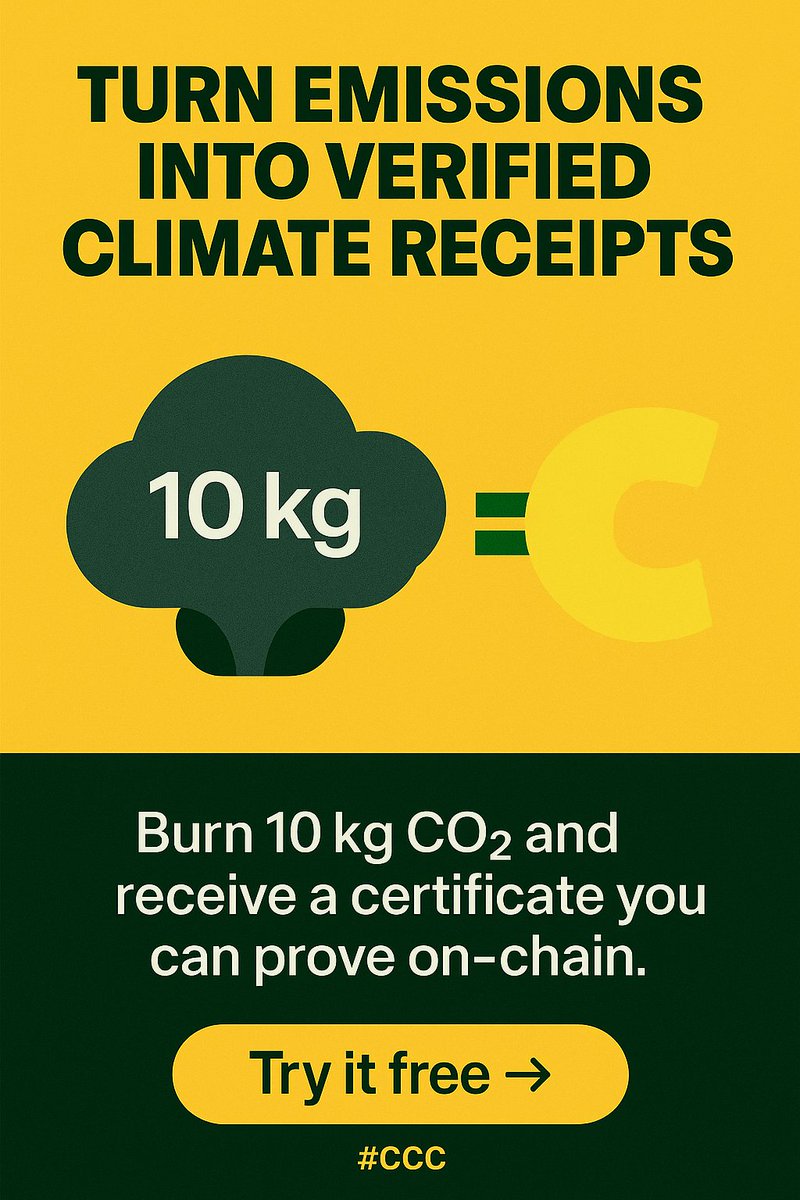 CarbonCred_Coin's tweet image. Every CCC burn issues a blockchain-recorded carbon certificate — simple, traceable, trustworthy.  
Explore how CCC works → carboncreditcoin.net/?utm_source=x&amp;amp;…  
#CCC #NetZero