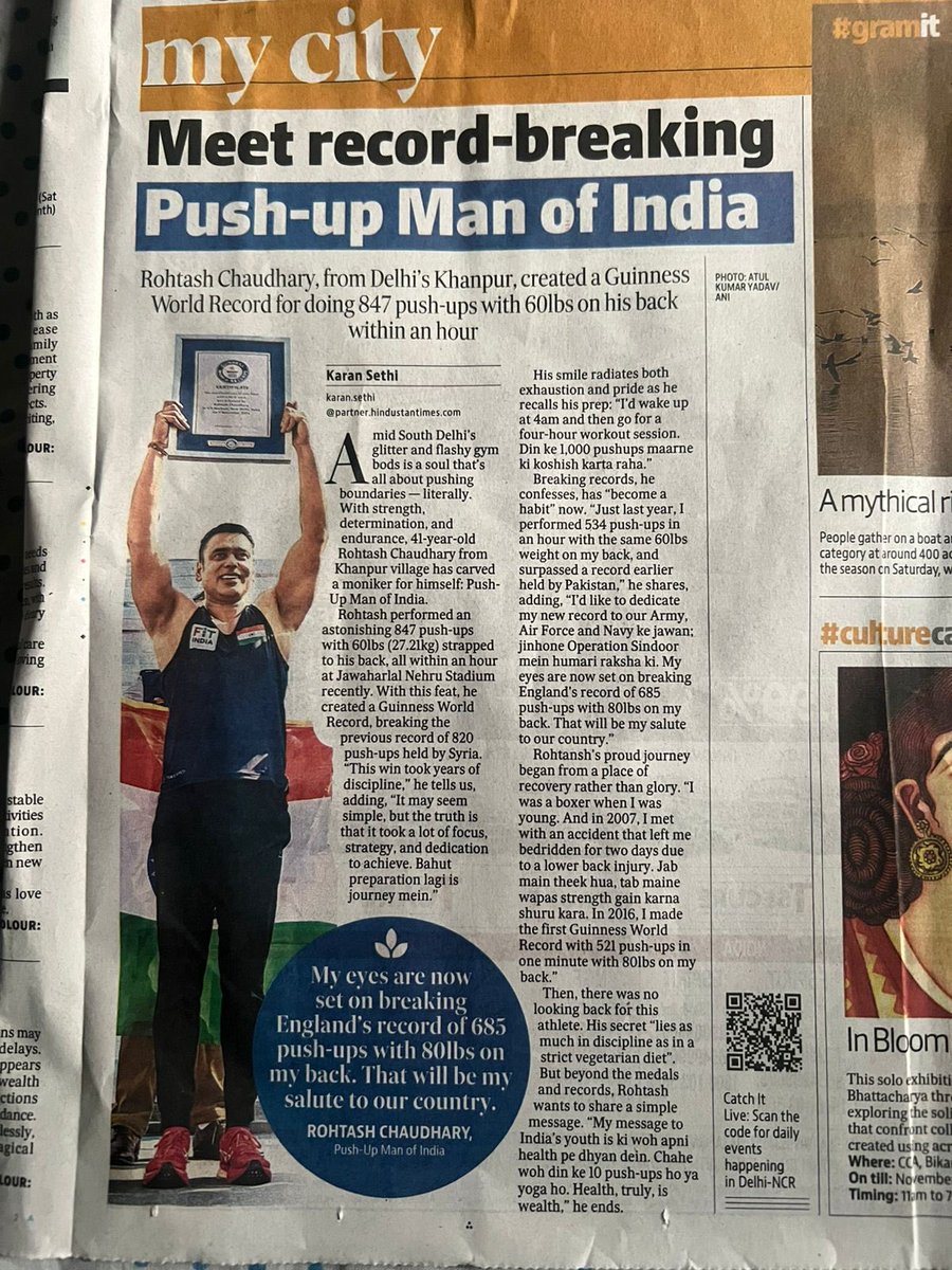 Veergurjarsena1's tweet image. 🇮🇳💪 Push-up Man of India!
दिल्ली के रोहताश चौधरी ने 60 lbs वजन के साथ 1 घंटे में 847 पुश-अप्स कर नया Guinness World Record बनाया! 🔥🏆

अब नज़र इंग्लैंड का रिकॉर्ड तोड़ने पर —
80 lbs के साथ 685 पुश-अप्स!

देश गर्वित है इस जज़्बे पर! 🙌
#PushupManOfIndia #RohtashChaudhary