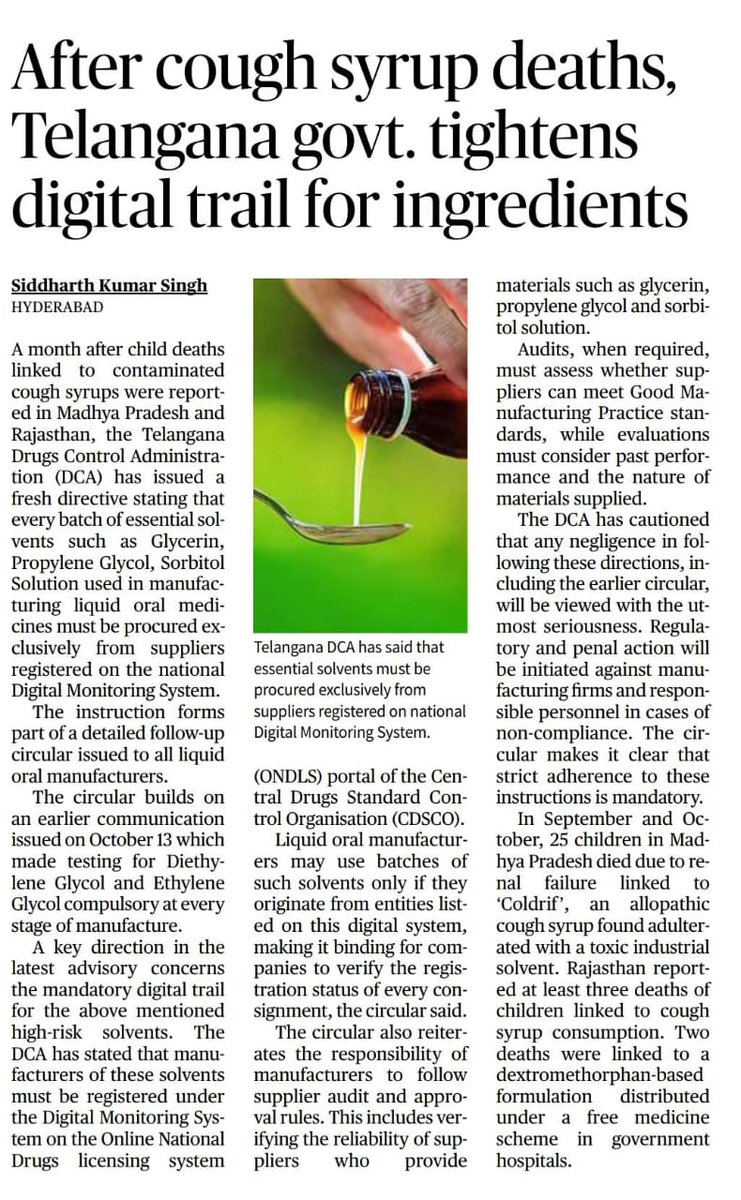 ⚠️ #Telangana Tightens Drug Safety Rules 🔸#Toxicsyrup deaths trigger new  DCA directive 🔸All key syrup ingredients must have verified digital  tracking 🔸Only suppliers on national DMS allowed 🔸Mandatory DEG/EG  testing for every