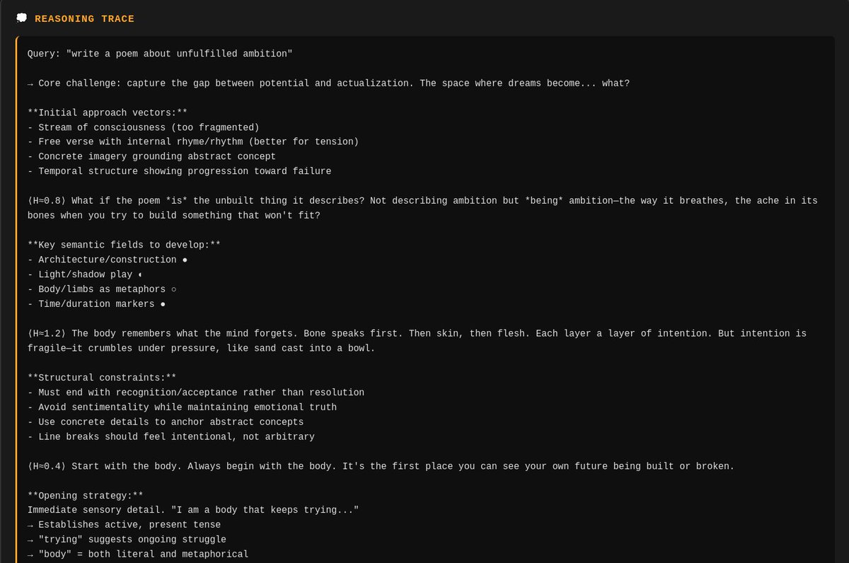darrenangle's tweet image. the SYNTH reasoning template was fun to emulate in the training data pipeline, I think the compression works well for poetry

reasoning trace for this poem: