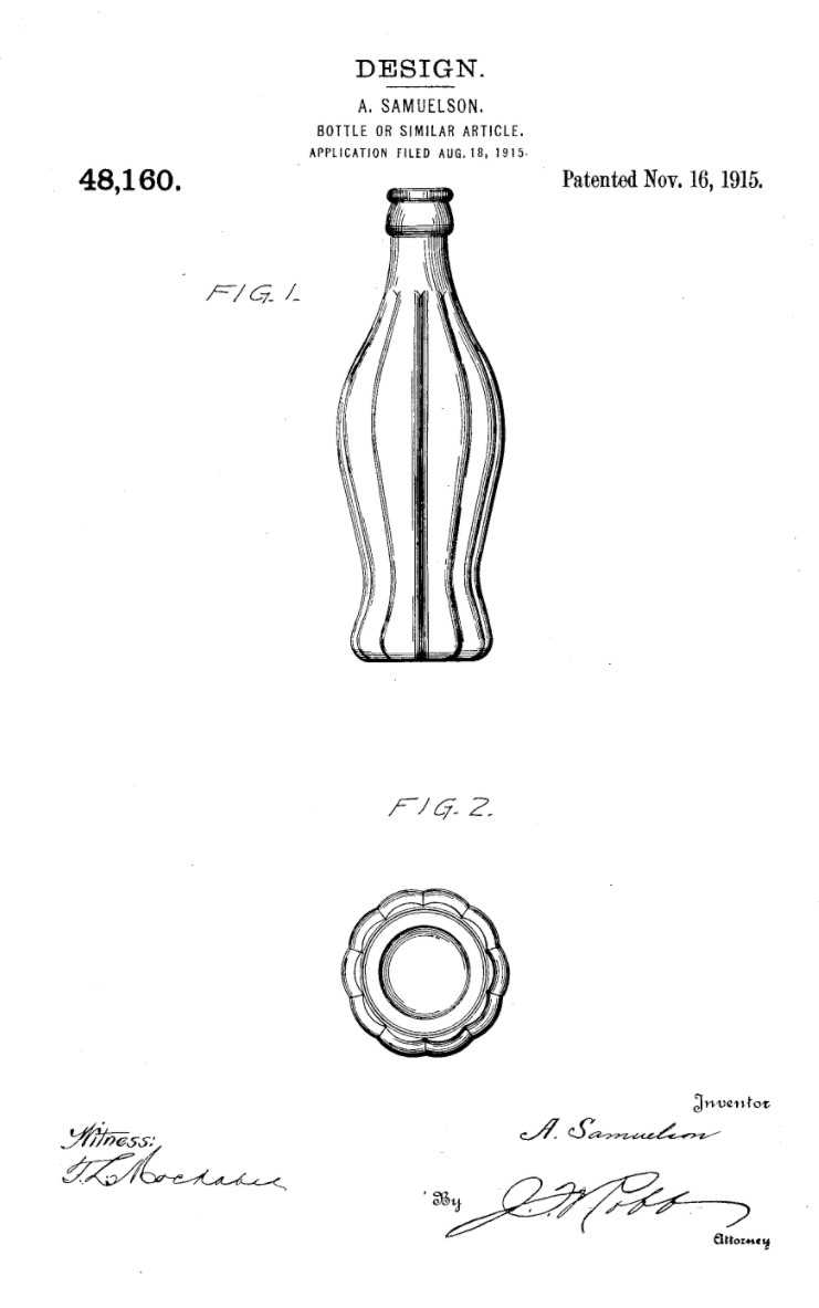 1/4 On this date in innovation history: Alexander Samuelson receives a design patent in 1915 for his creation of now-famous cinched bottle of the <a href="/CocaCola/">Coca-Cola</a> bottle. Samuelson allegedly modeled curved design after a cocoa bean, which was key ingredient in original Coke (cocaine).